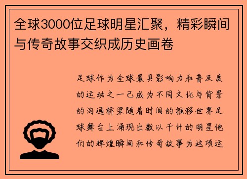 全球3000位足球明星汇聚，精彩瞬间与传奇故事交织成历史画卷